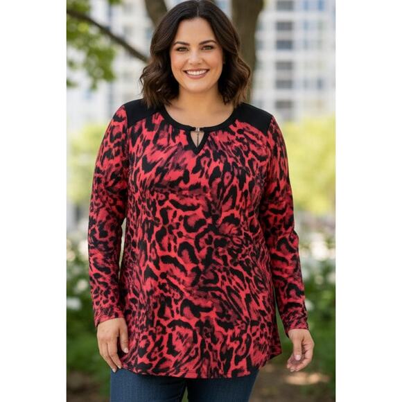 Susan Graver Women 1x Red & Black Animal Print Keyhole Liquid Knit Blouse - Picture 1 of 6